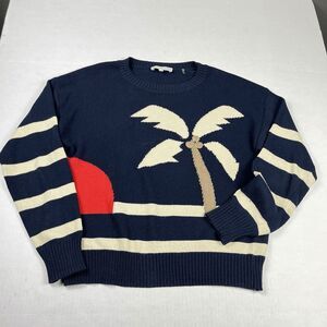 White + Warren Palm Tree Sunset Sweater Size Medium Striped Coastal Pullover